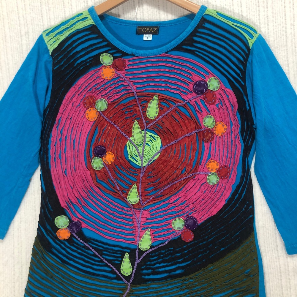 Topaz Artsy Tunic Top Colorful Applique Cotton Blend 3/4‎ Sleeve Size L